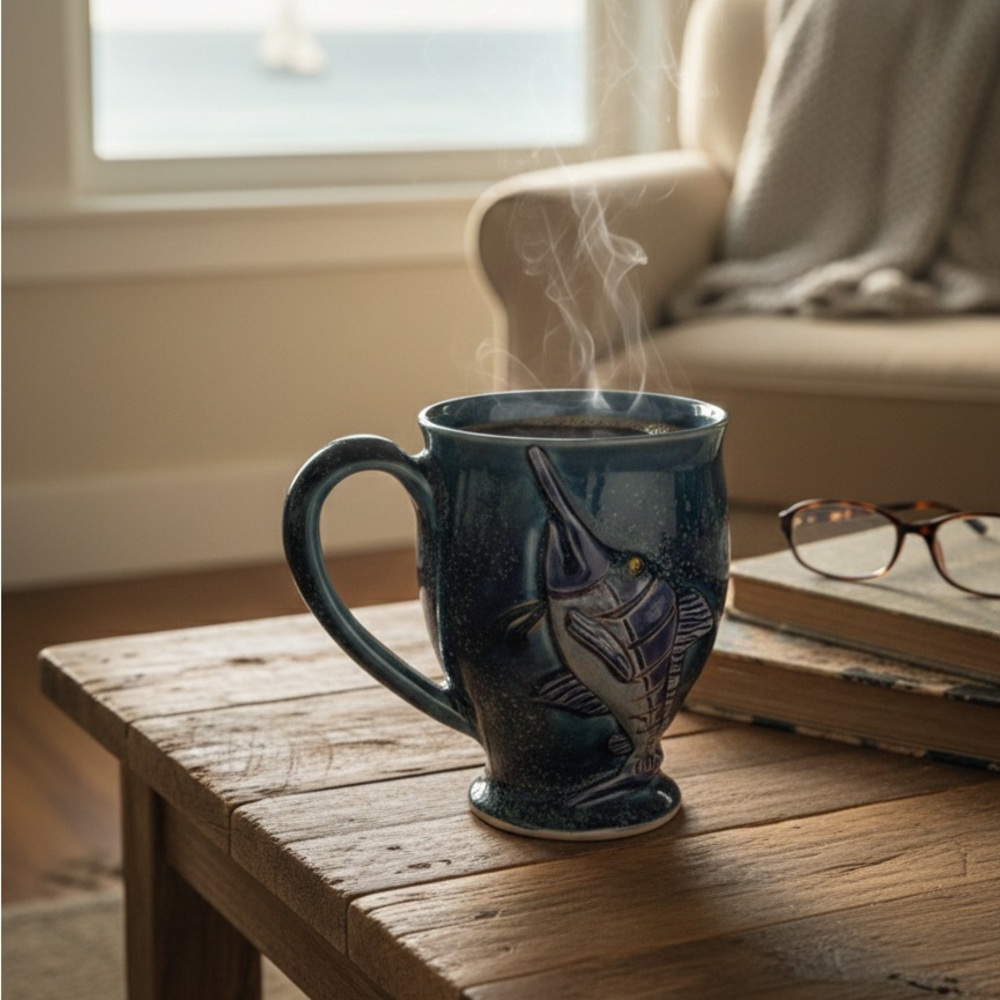 Hand-Thrown Blue Marlin Stoneware Mug – 3D Sculptural Nautical Relief